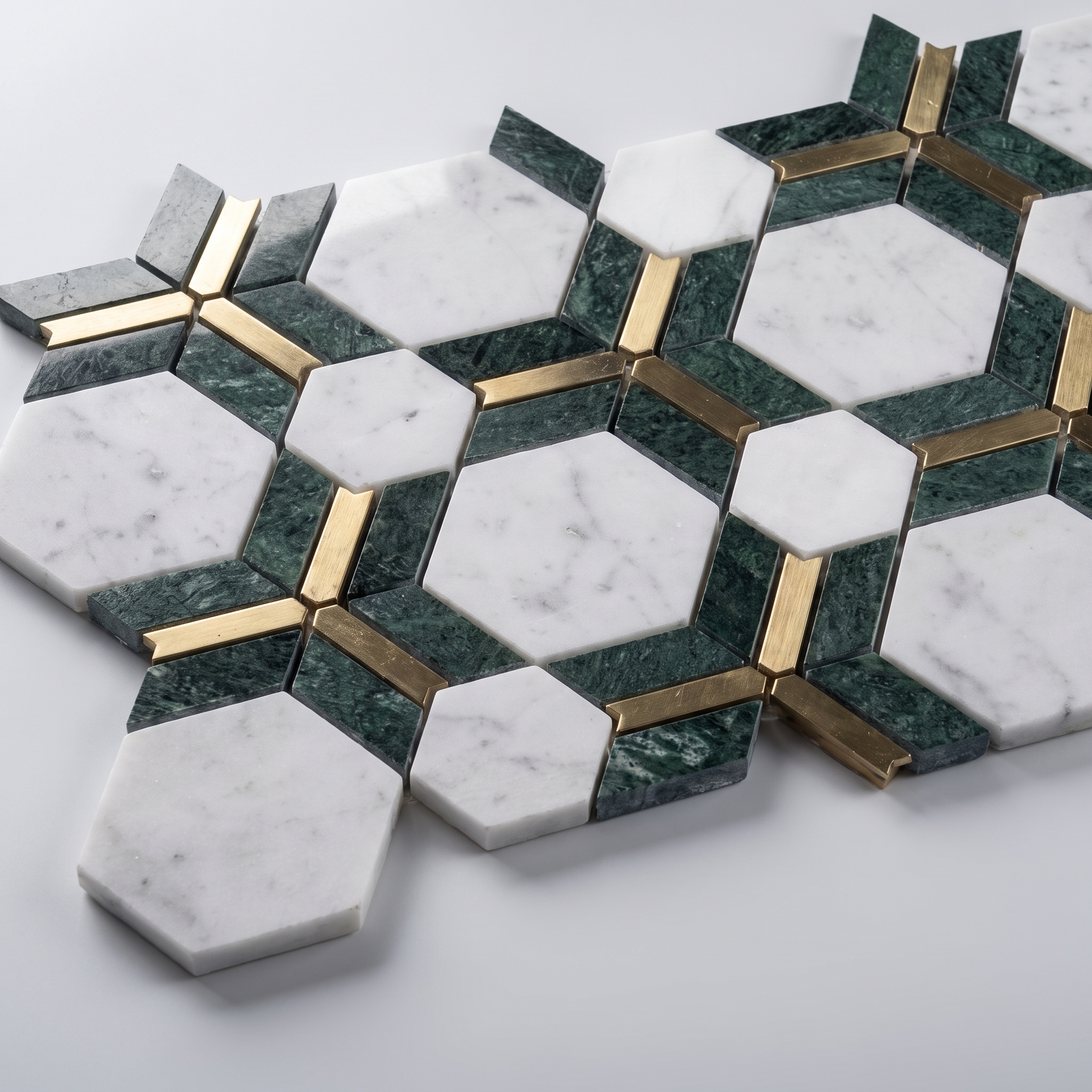 Marmormosaik Toulon mit Aluminium Hexagon‑Design Grün  250×330×8 mm