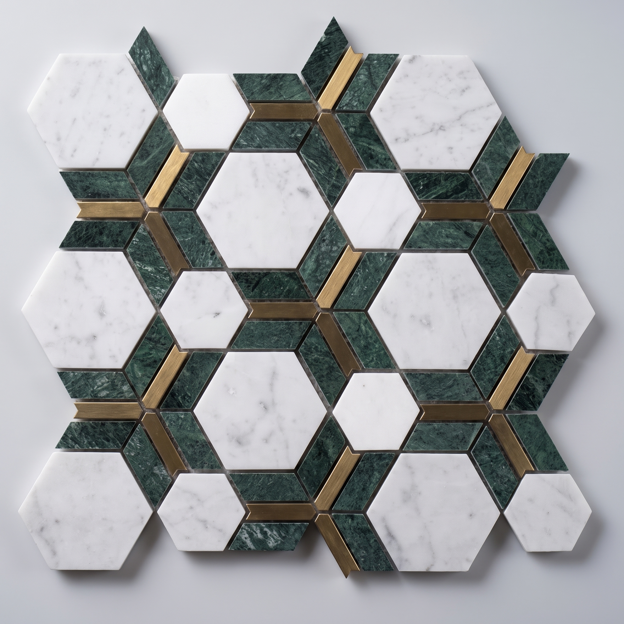 Marmormosaik Toulon mit Aluminium Hexagon‑Design Grün  250×330×8 mm